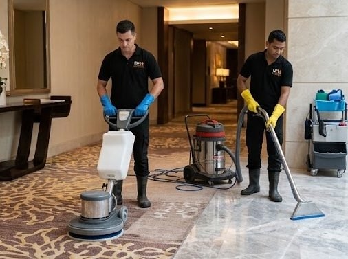 Carpet machine scrubbing in a hotel corridor