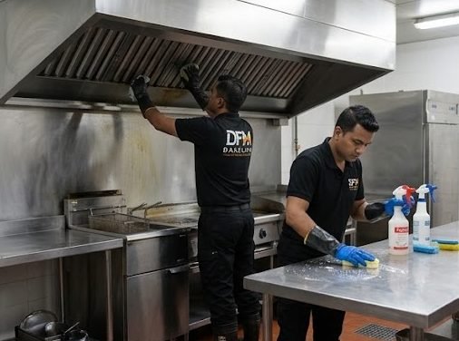 Crew degreasing a commercial kitchen