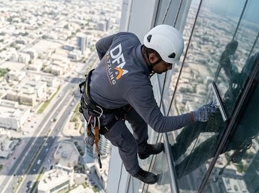 Rope access technician high above the city