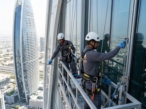 Technicians cleaning glazing from a BMU cradle