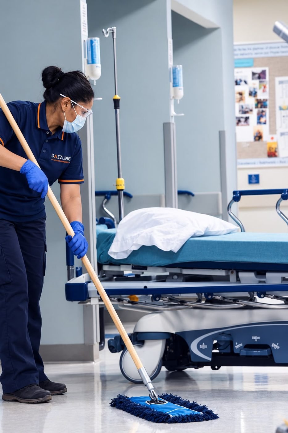 DFM cleaner in mask and gloves mopping a hospital ward floor