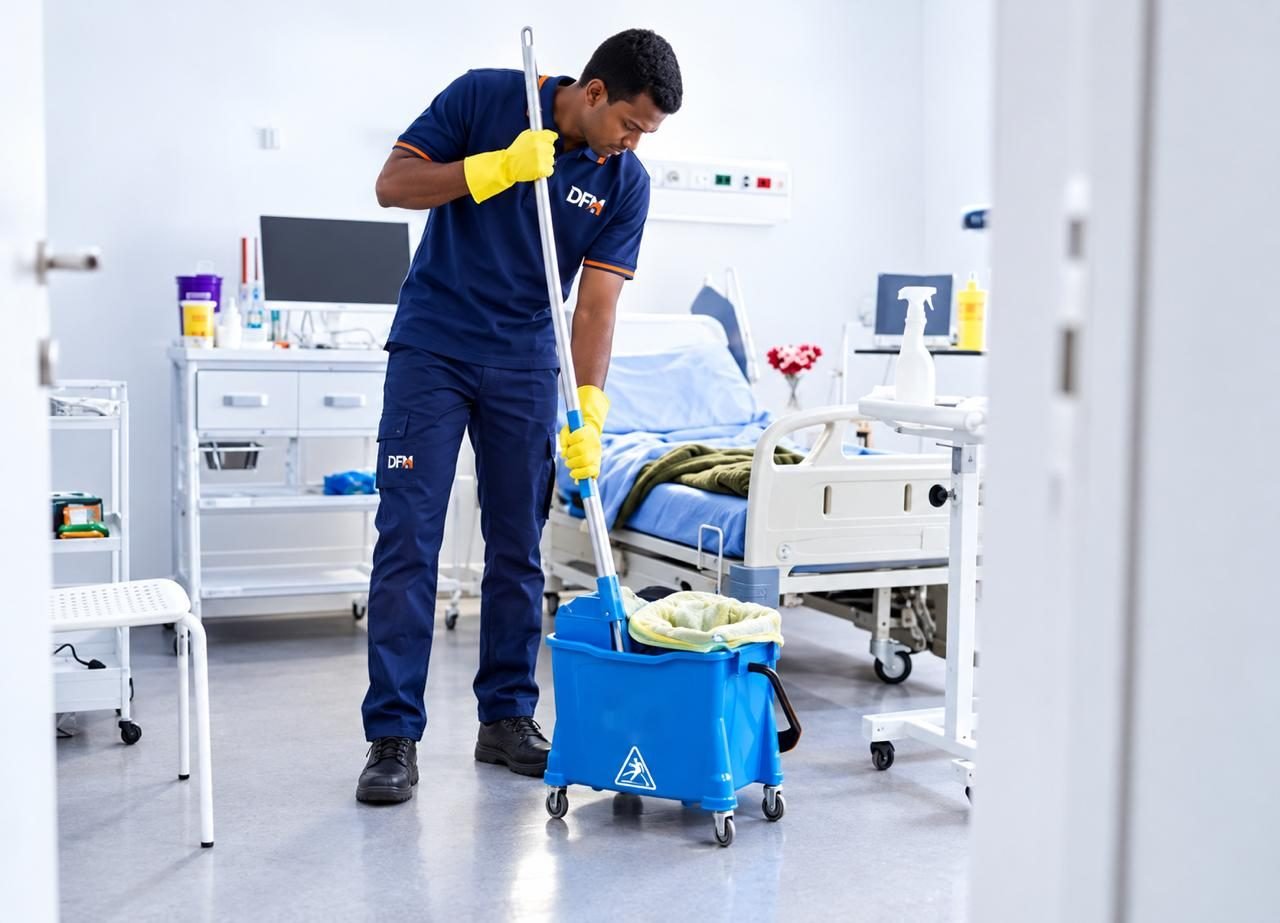 DFM cleaner mopping a hospital patient room