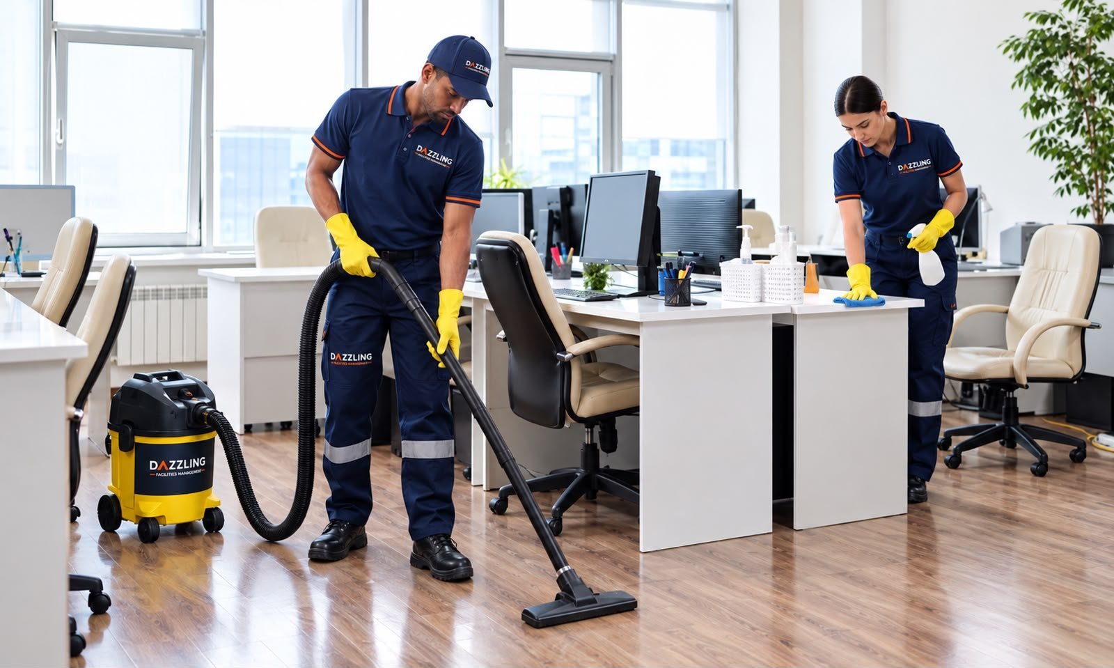 DFM housekeeping staff cleaning an office