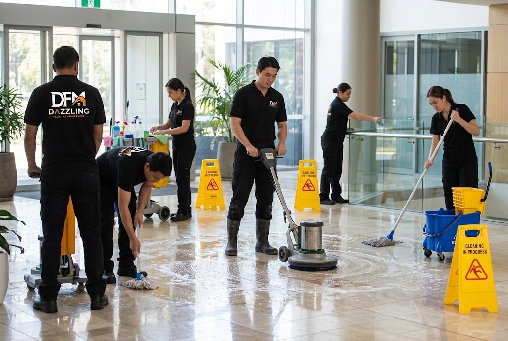 DFM cleaning crew scrubbing and mopping a commercial lobby