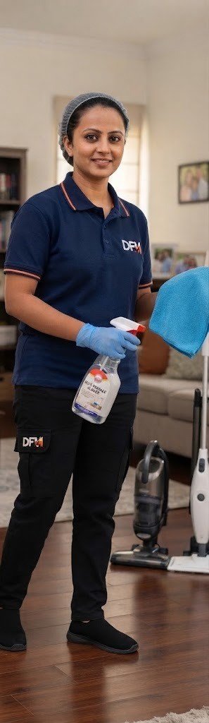DFM housekeeping staff member with cleaning spray and cloth in a residential living room